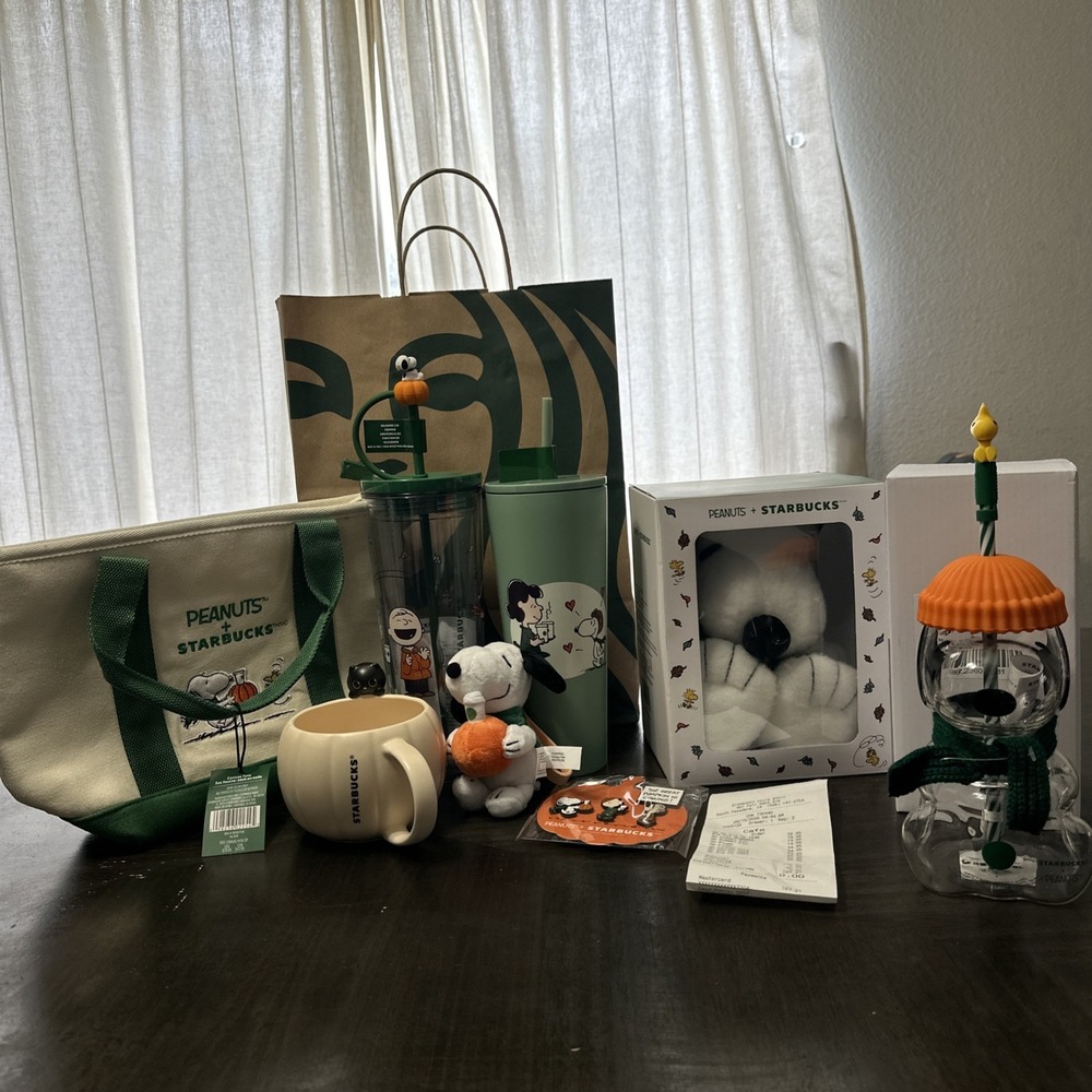 Starbucks x Peanuts Snoopy Glass Cold Cup, Tote, Plush, Pins Limited Edition New